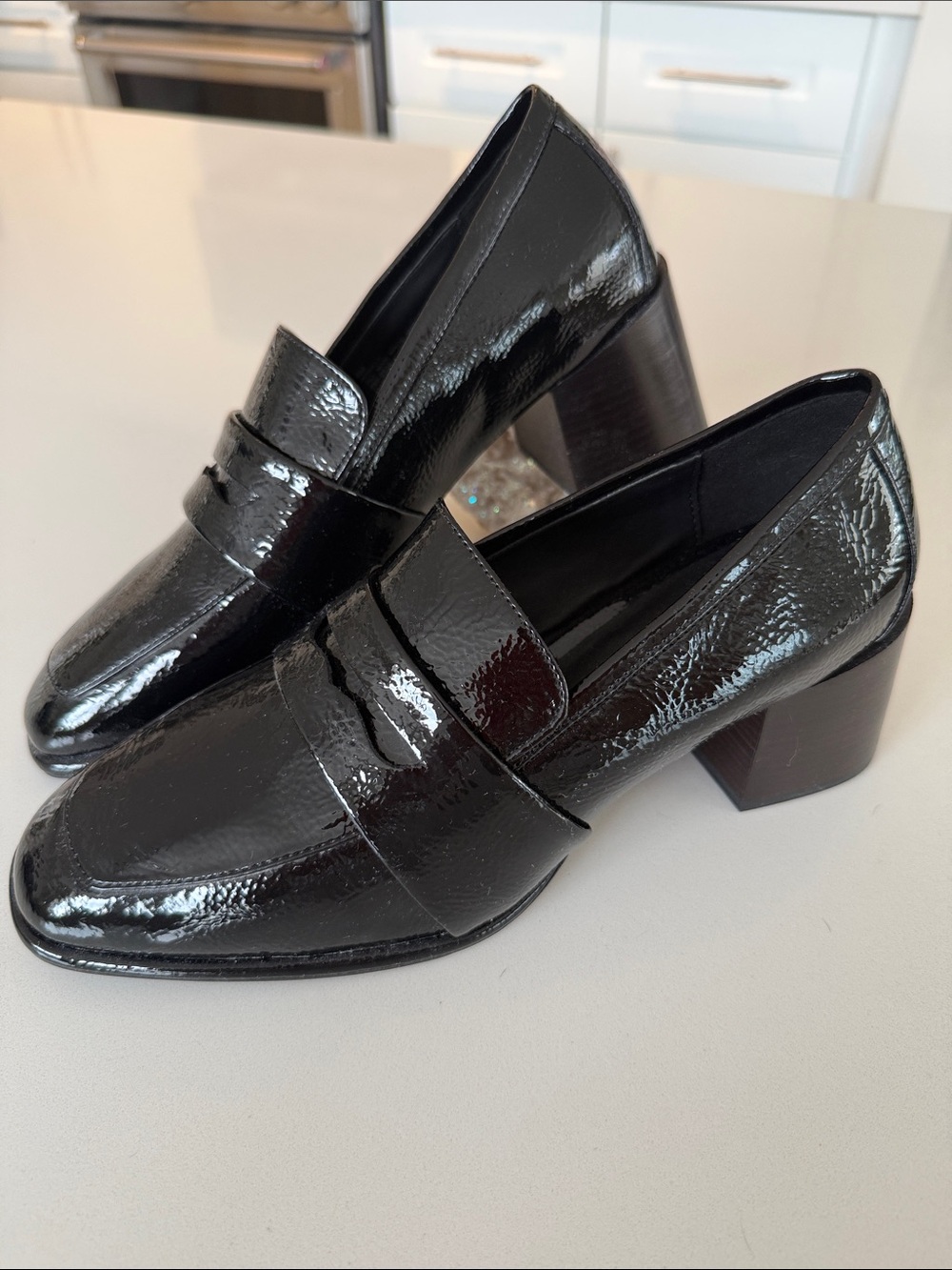 Aerosole Black Patent Leather Block Heel Loafers. New!